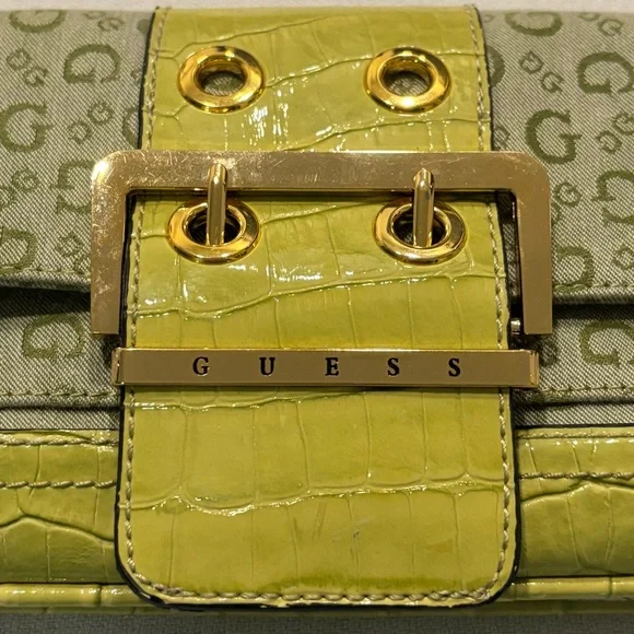 Vintage GUESS Y2K Green Shoulder Bag Monogram Brass Buckle Purse Croc Pattern - Picture 5 of 16